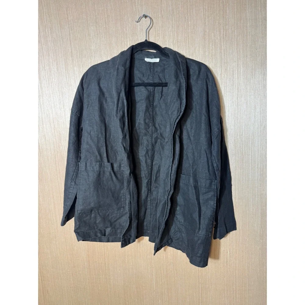 Eileen Fisher Womens 100% Linen Open Front Cardigan Jacket Charcoal Grey Pockets